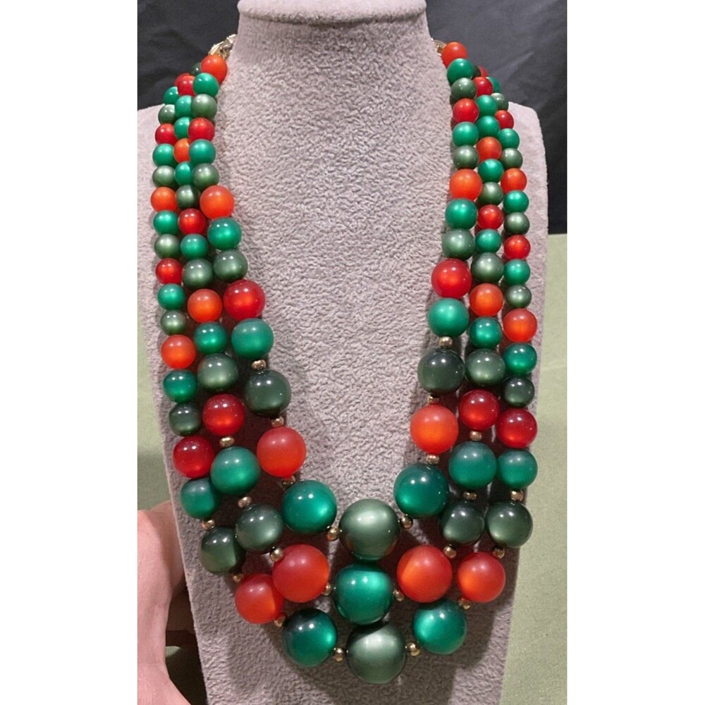 Vintage Mid Century Coro Triple Strand Lucite Moonglow Bead Necklace Adjustable